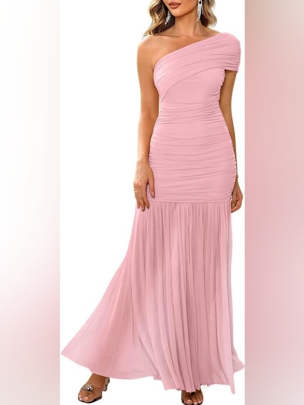 Women's Pink One-Shoulder Ruched Maxi Dress